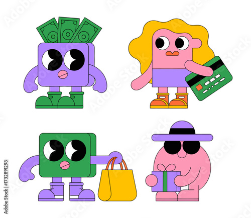 Four cartoon characters representing financial concepts like saving, spending, and shopping.