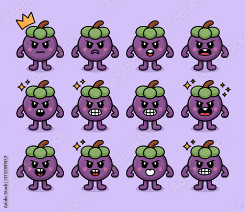 Cartoon mangosteen character with various facial expressions.