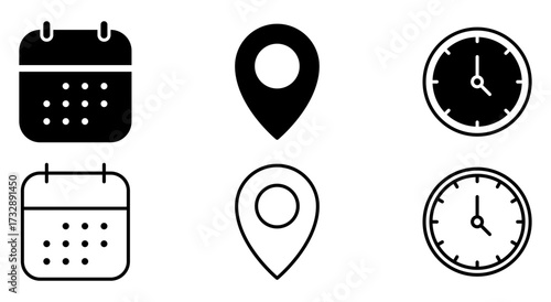 Address location icon. Stopwatch timer icon. Date calendar icon - Web icons set
