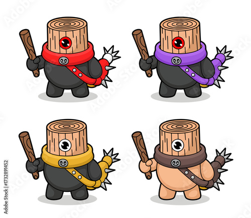 Four cartoon log characters with one eye, holding clubs, and wearing spiked shells and colorful sashes, in a cute monster style.