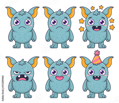 Six cute cartoon monsters with different facial expressions, showing various emotions.