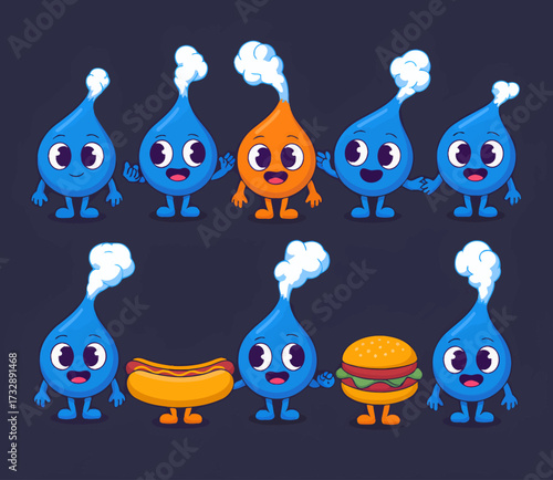 Cartoon water droplets with food and one orange droplet.