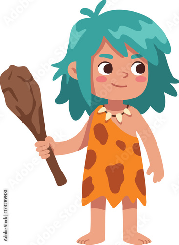 Caveman character with blue hair holding wooden club prehistoric illustration vector 