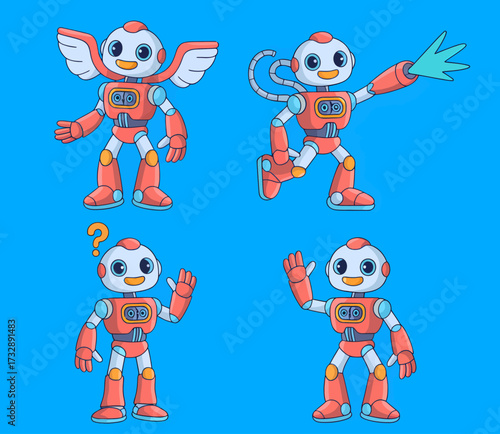 Four cartoon robots in different poses, one with wings, one with a laser arm, one confused, and one waving.