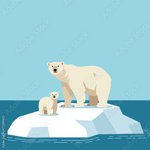 Polar bear mother and cub standing on melting ice floe in Arctic ocean ecosystem vector illustration 