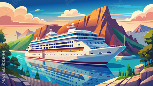 Beautiful white giant luxury cruise ship on stay at Alanya harbor, majestic ocean vessel, shining decks, scenic coastline, harbor reflections, elegant design, serene waters, stunning maritime 