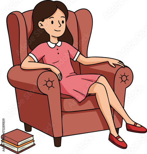 Young woman sitting relaxed in armchair wearing pink dress with books nearby casual lifestyle illustration 