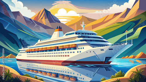 Beautiful white giant luxury cruise ship on stay at Alanya harbor, majestic ocean vessel, shining decks, scenic coastline, harbor reflections, elegant design, serene waters, stunning maritime scene, 