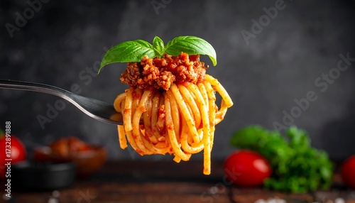 A fork holds spaghetti with a rich meat sauce, topped with fresh basil. Red tomatoes and greens decorate the scene. Dark background