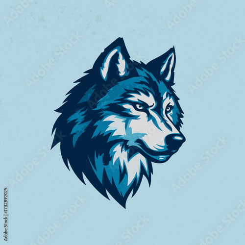 Majestic blue wolf head illustration, a fierce and powerful wild animal vector graphic, ideal for team mascots and emblems