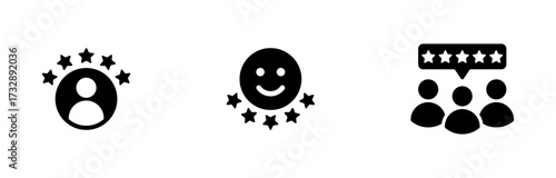 Feedback icons set ; customer satisfaction icon. user ratings icon with stars. group feedback icon. symbolizing high quality, excellent service, customer reviews and team evaluation