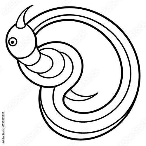 Minimalist stylized black and white drawing of a coiled worm with a horn and a single eye on its head design vector