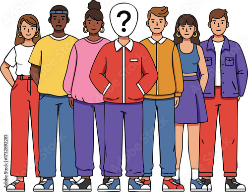 Diverse group of young people with one faceless figure standing together in casual colorful clothing vector illustration 