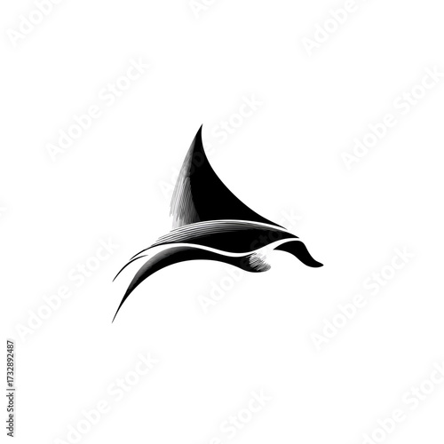 Elegant abstract black and white illustration of a graceful manta ray swimming, minimalist oceanic design concept