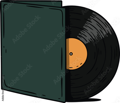 Vintage black vinyl record partially inside dark green sleeve classic music audio media illustration 