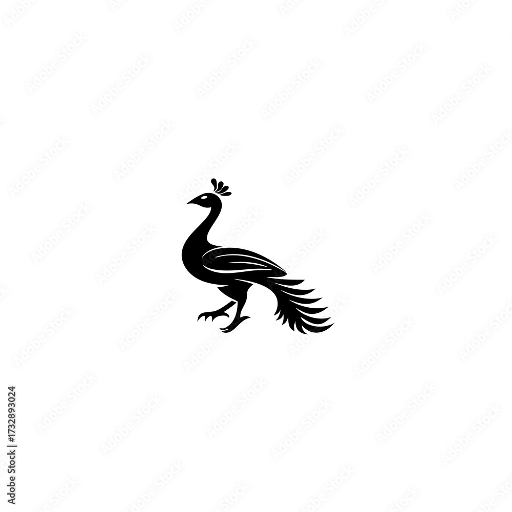 Fototapeta premium Elegant black peacock silhouette vector illustration. Majestic avian creature icon with detailed tail feathers, noble bird design concept.