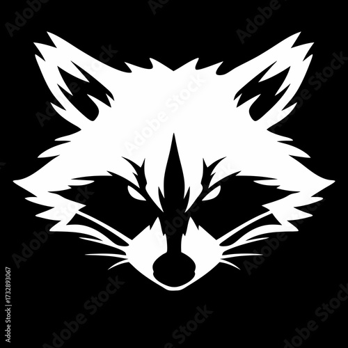 Stylized white raccoon face silhouette vector illustration on black. Wild animal head graphic, nocturnal predator mascot design.