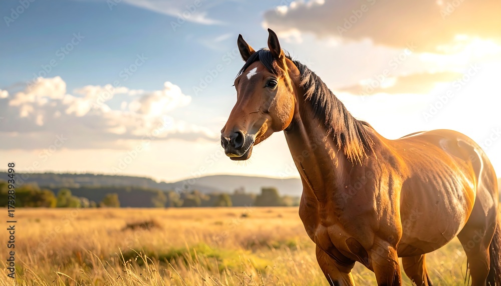 Obraz premium A majestic brown horse stands gracefully in a sun-drenched field, bathed in golden light. The sky is a canvas of blue and white clouds
