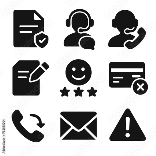 Customer Service Icons. Solid style icons of customer service interactions: open support ticket, start live chat, call support,