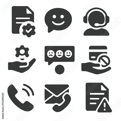 Customer Service Icons. Solid style icons of customer service interactions: open support ticket, start live chat, call support,