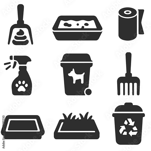 Pet Waste Icons. Solid style icons of pet waste management: poop scoop, litter tray, waste bag roll, deodorizer spray, disposal
