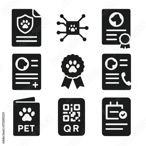 Pet Insurance Icons. Solid style icons of pet insurance and documents: insurance policy sheet, ID microchip record, vaccination