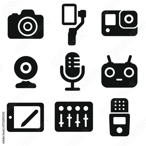 Content Creation Icons. Solid style icons of content creation devices: DSLR camera, smartphone gimbal, action cam, webcam, studio
