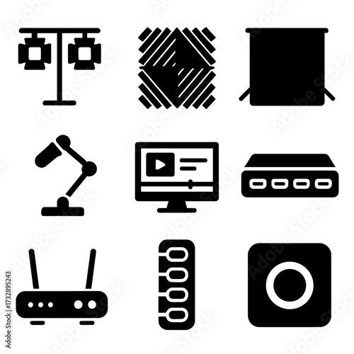 Studio Gear Icons. Solid style icons of studio setup gear: lighting rig, acoustic foam, green screen, desk mic arm, editing