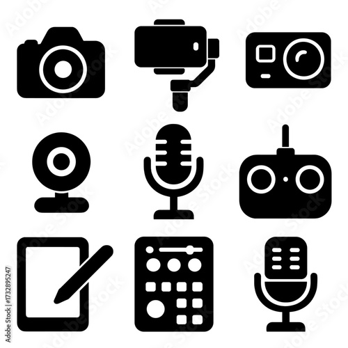 Content Creation Icons. Solid style icons of content creation devices: DSLR camera, smartphone gimbal, action cam, webcam, studio