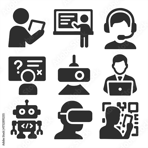Educational Tech Icons. Solid style icons of educational technology in class: tablet use, digital whiteboard, student headset,