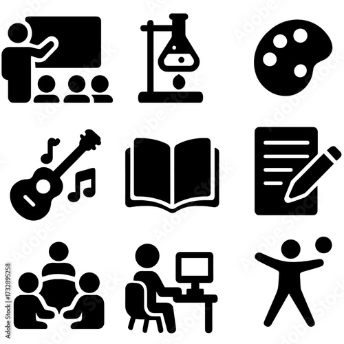 Lesson Type Icons. Solid style icons of lesson types: lecture, lab experiment, art class, music lesson, reading hour, writing
