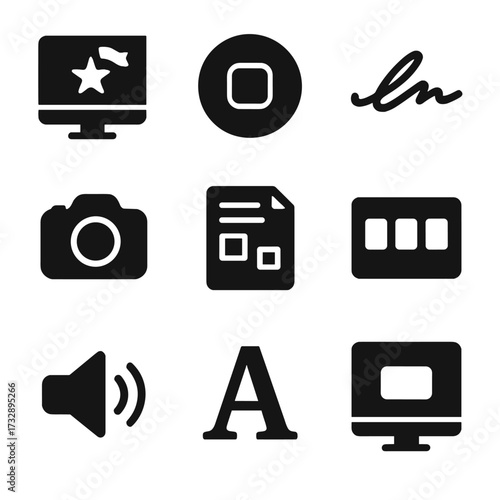 Digital Branding Icons. Solid style icons of digital media branding: branded intro, logo overlay, signature animation, watermark