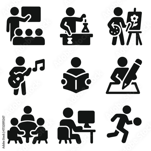 Lesson Type Icons. Solid style icons of lesson types: lecture, lab experiment, art class, music lesson, reading hour, writing