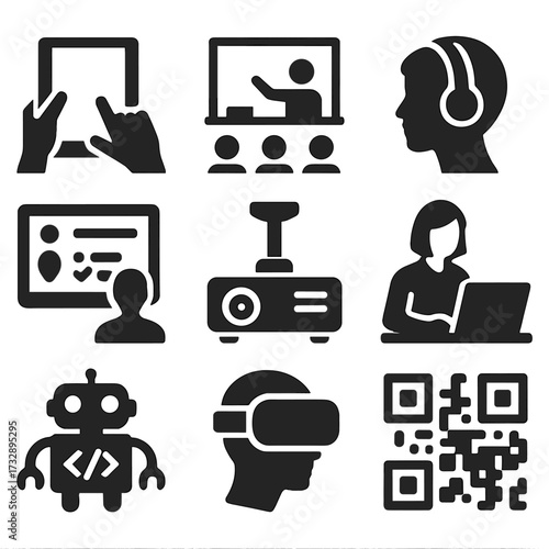 Educational Tech Icons. Solid style icons of educational technology in class: tablet use, digital whiteboard, student headset,