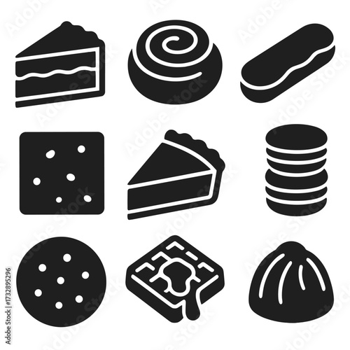 Solid Dessert Icons. Solid style icons of sweet baked desserts: layered cake slice, cinnamon roll, éclair, brownie square, pie