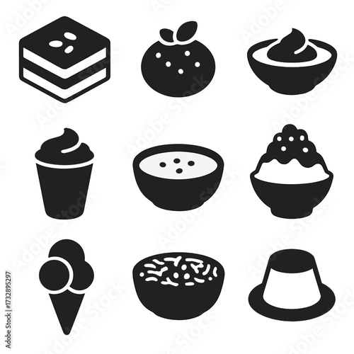 International Dairy Desserts. Solid style icons of international dairy desserts: tiramisu square, Indian rasmalai, Greek yogurt