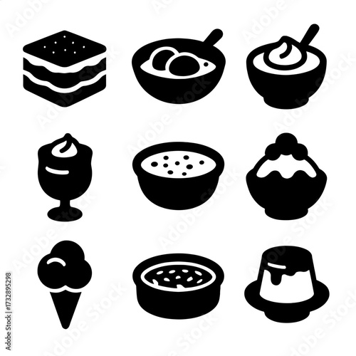 International Dairy Desserts. Solid style icons of international dairy desserts: tiramisu square, Indian rasmalai, Greek yogurt