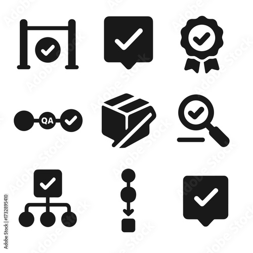Quality Control Icons. Solid style icons of quality gates and approval points: entry with check icon, process stage check, gate