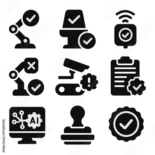 Automated QA Icons. Solid style icons of automated QA systems: robot arm with check, scanner with tick, smart sensor QA, automatic