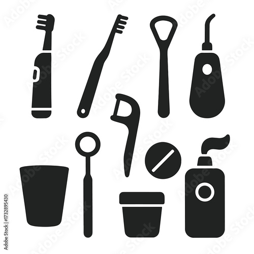 Oral Hygiene Icons. Solid style icons of oral hygiene tools: electric toothbrush, interdental brush, tongue scraper, floss pick,
