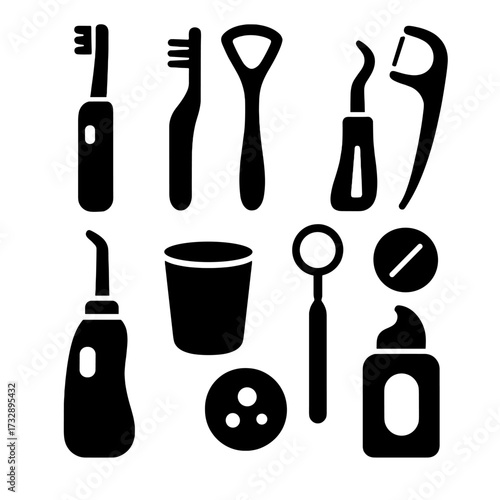 Oral Hygiene Icons. Solid style icons of oral hygiene tools: electric toothbrush, interdental brush, tongue scraper, floss pick,