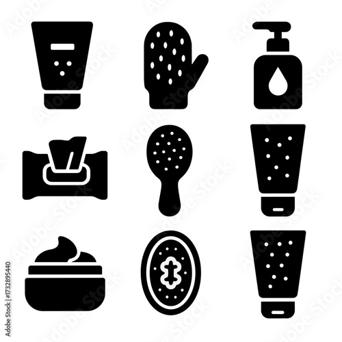 Cleansing Essentials Icons. Solid style icons of cleansing and exfoliating items: face scrub tube, exfoliating glove, cleansing