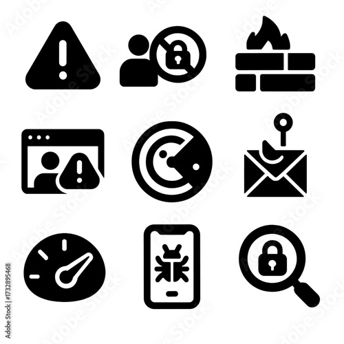 Security Alert Icons. Solid style icons of security alerts and monitoring: warning triangle, unauthorized access icon, firewall