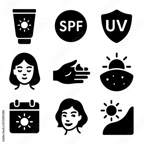 Sun Protection Icons. Solid style icons of sun protection: sunscreen tube, SPF badge, UV shield icon, face with sunblock, apply