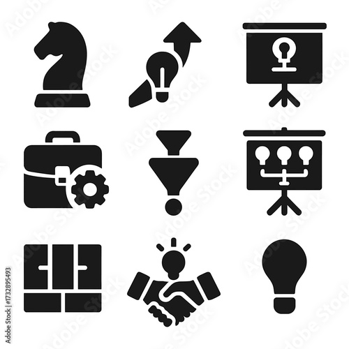 Business Creativity Icons. Solid style icons of business creativity: strategy chess piece, upward arrow with bulb, creative pitch