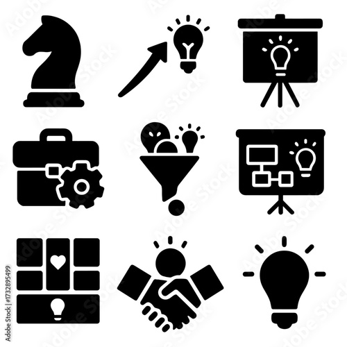 Business Creativity Icons. Solid style icons of business creativity: strategy chess piece, upward arrow with bulb, creative pitch