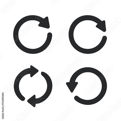 Circular Arrows Collection. Solid style icons of circular and rotating arrows: clockwise loop arrow, counterclockwise spin,