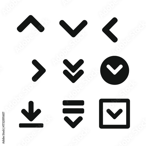 Interface Chevron Icons. Solid style icons of interface chevrons: up chevron, down chevron, left chevron, right chevron, double