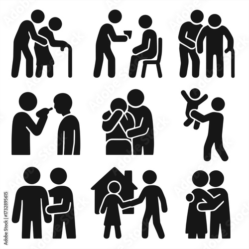 Caregiving Icons. Solid style icons of caregiving and support: helping elderly person, giving medicine, supporting with walking