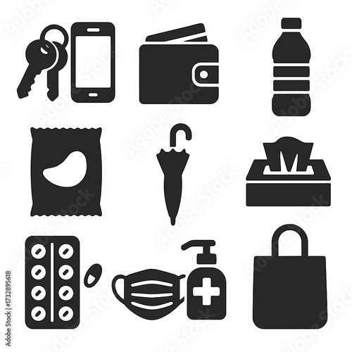 Everyday Essentials Icons. Solid style icons of everyday essentials: keys and phone icon, wallet with cards, water bottle, snack